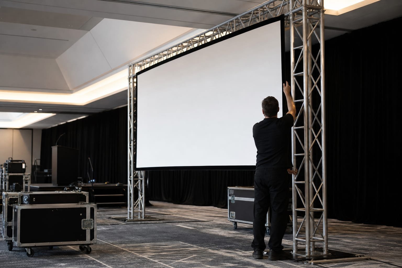 Técnico fazendo montagem de tela de projeção e estrutura audiovisual