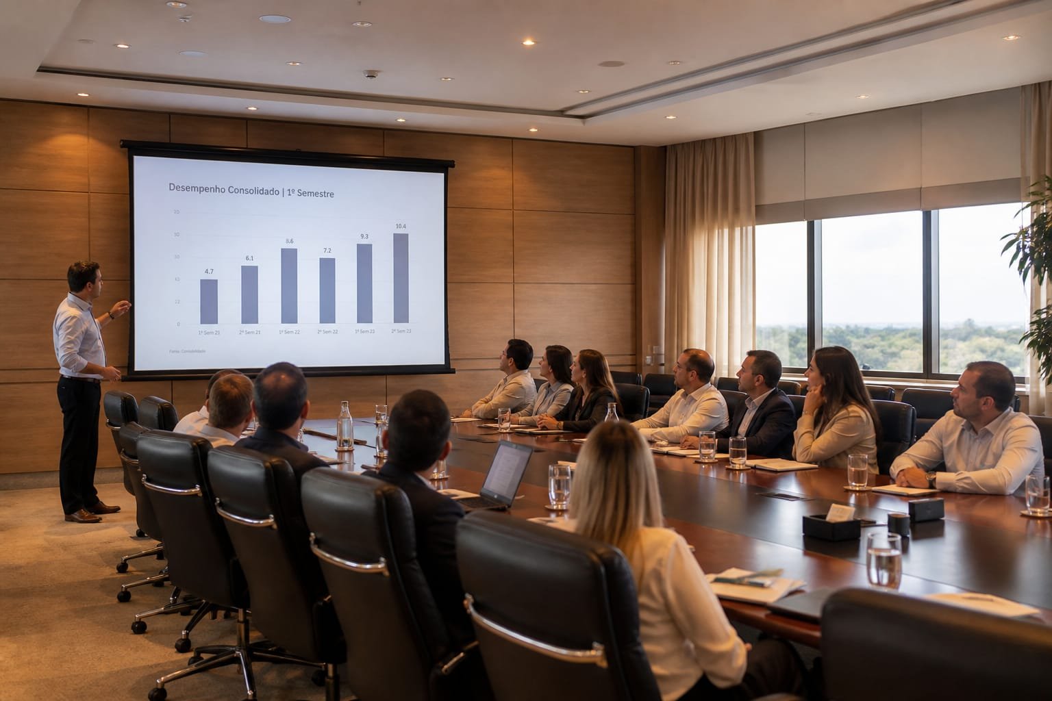Tela de projeção em sala de reunião corporativa em Brasília